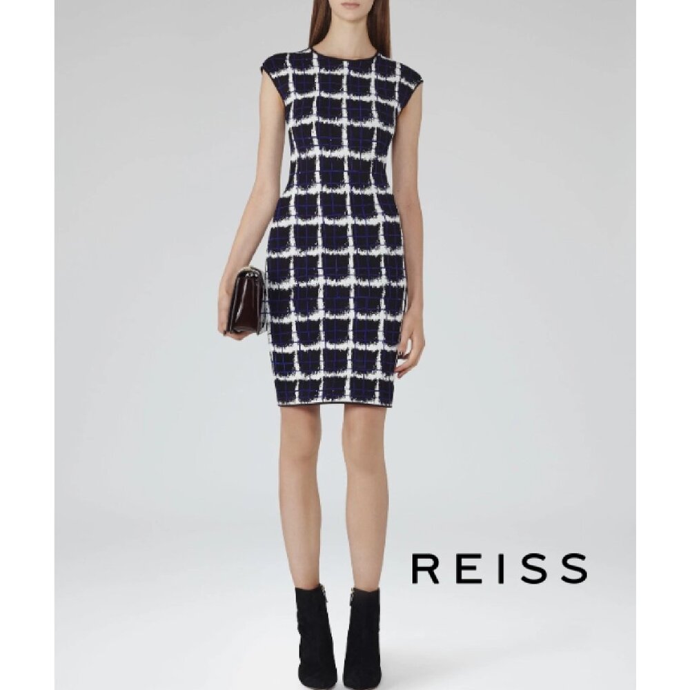 Reiss Blue Print Knitted Bodycon Dress Size 10